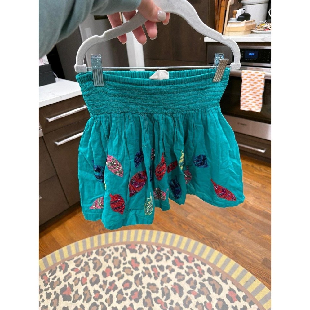 Mini Boden teal smocked mini skirt leafs girls 6-7